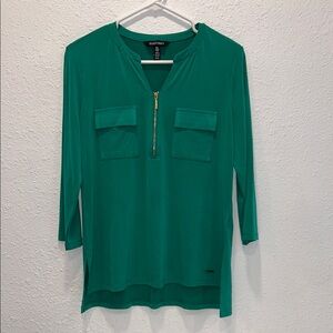 Ellen Tracy green gold zipper 3/4th sleeve blouse top for women